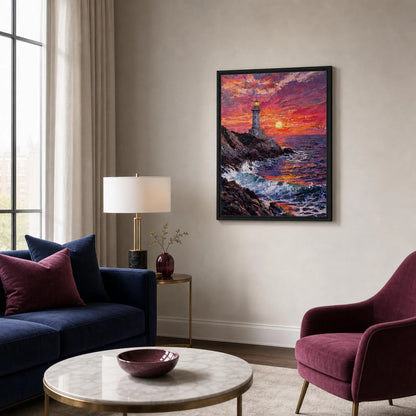 Framed Coastal Lighthouse Sunset Canvas | Seascape Wall Art Decor