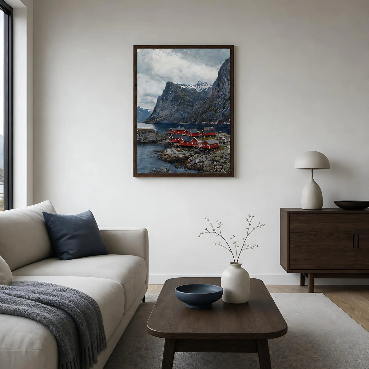 Framed Nordic Fjord Village Canvas | Scandinavian Wilderness Decor