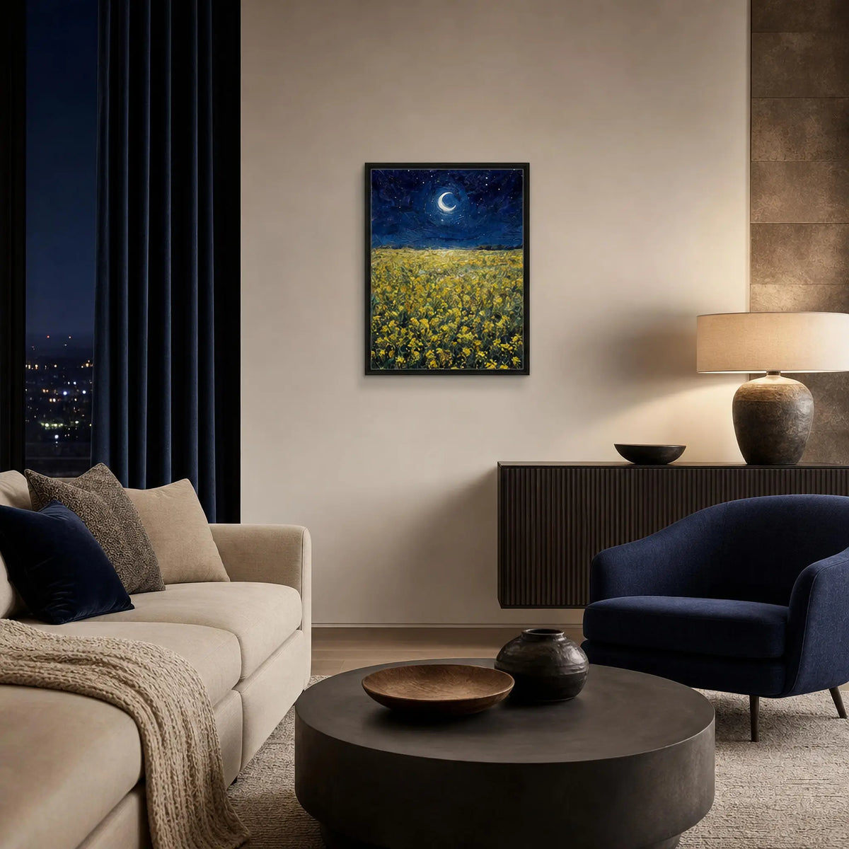 Moonlit Golden Wildflower Field Impressionist Art Print