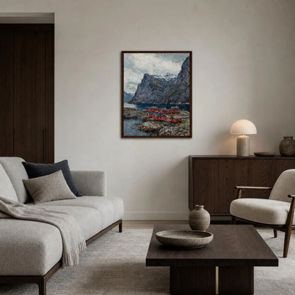 Framed Nordic Fjord Village Art | Scandinavian Mountain Wall Decor
