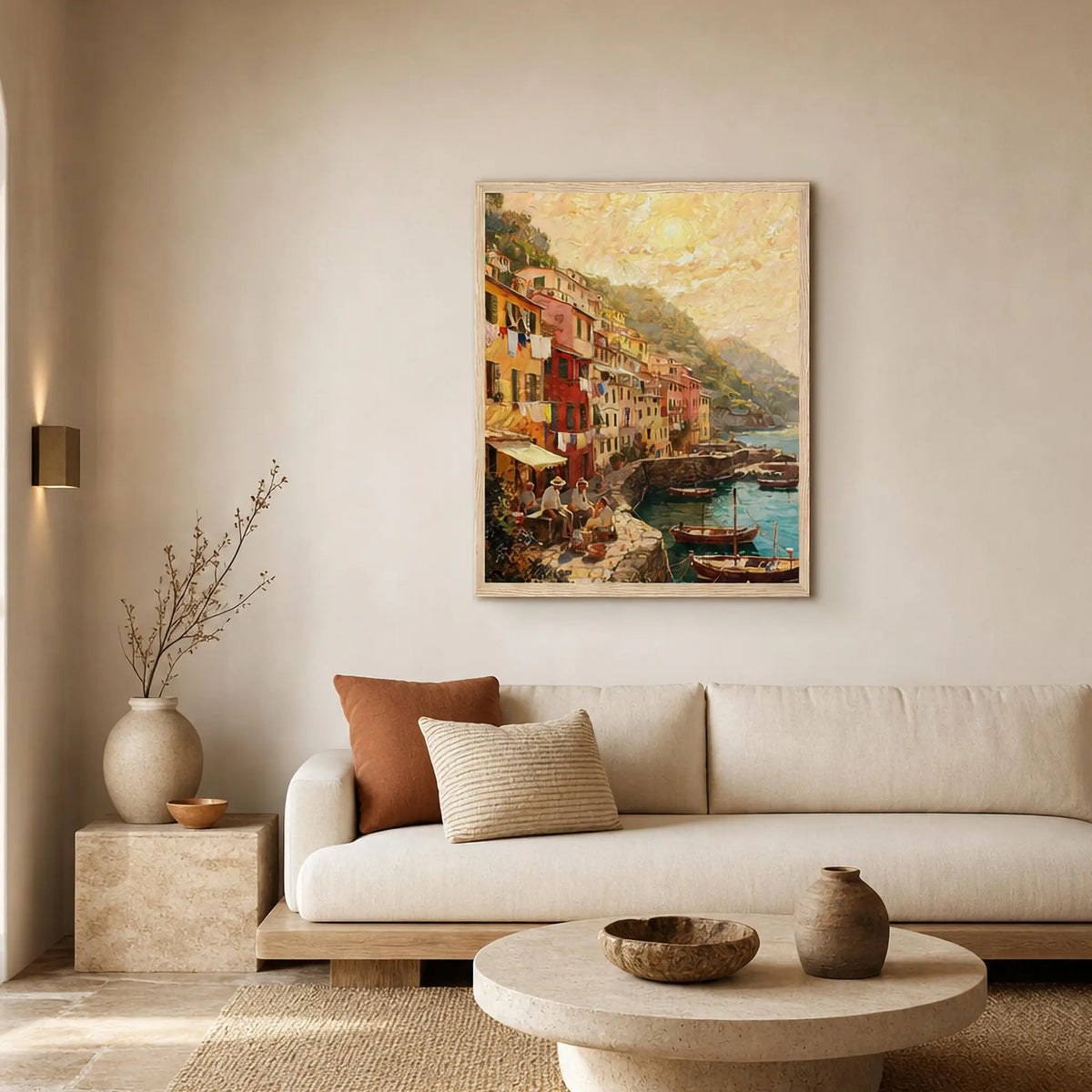 Framed Coastal Village Life Art | Seaside Harbor Wall Decor Poster