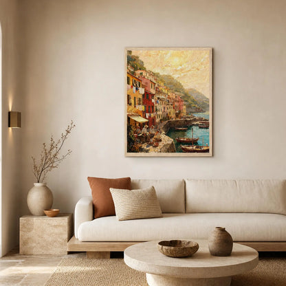 Framed Coastal Village Life Art | Seaside Harbor Wall Decor Poster
