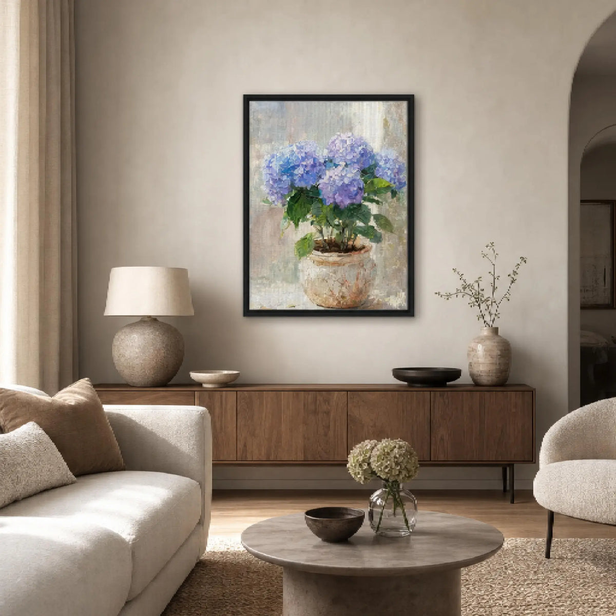 Impressionist Blue Hydrangea Potted Plant Framed Canvas Wall Art