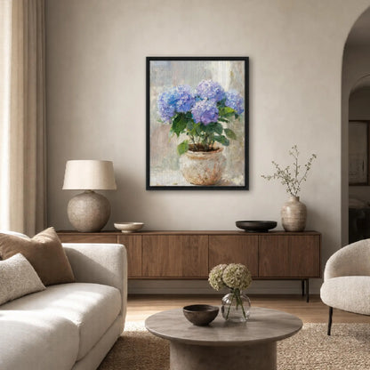 Impressionist Blue Hydrangea Potted Plant Framed Canvas Wall Art