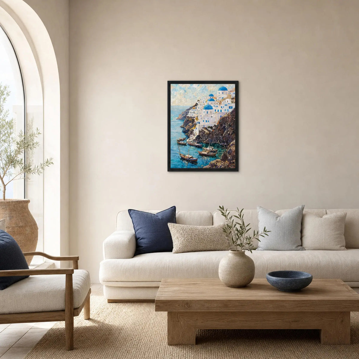Framed Greek Island Cliff Canvas | Aegean Village Wall Art Decor