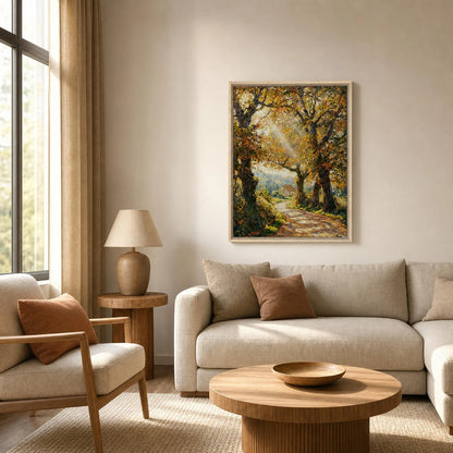Sunlit Autumn Forest Path Impressionist Art Print