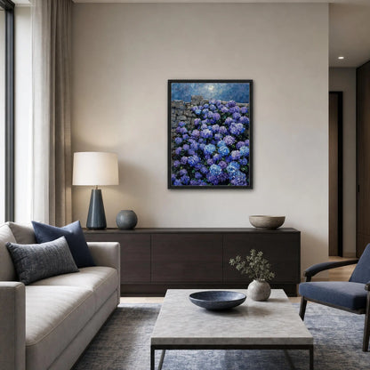 Moonlit Blue Hydrangeas by Stone Wall Impressionist Art Print