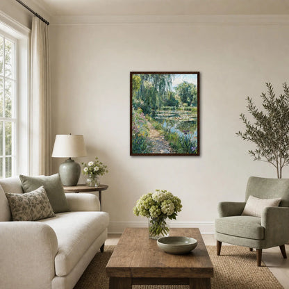 Cobblestone Path by Water Lily Pond Wooden Framed Poster | Vintstep