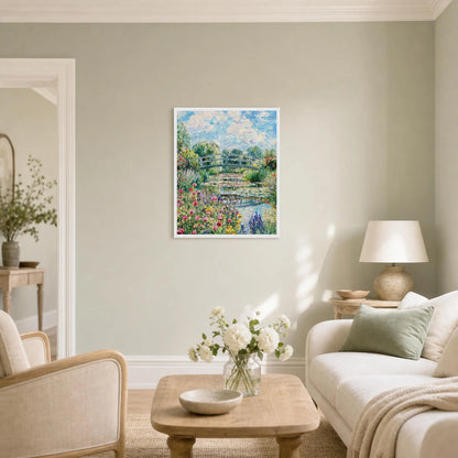 Sunny Japanese Bridge and Flower Garden Wooden Framed Poster | Vintstep