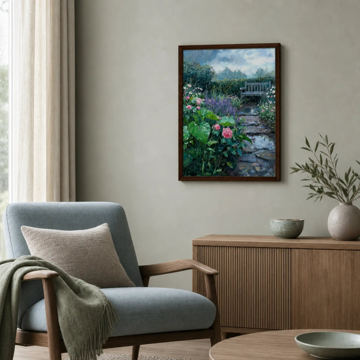 Rainy Garden Bench and Stone Path Framed Canvas | Vintstep
