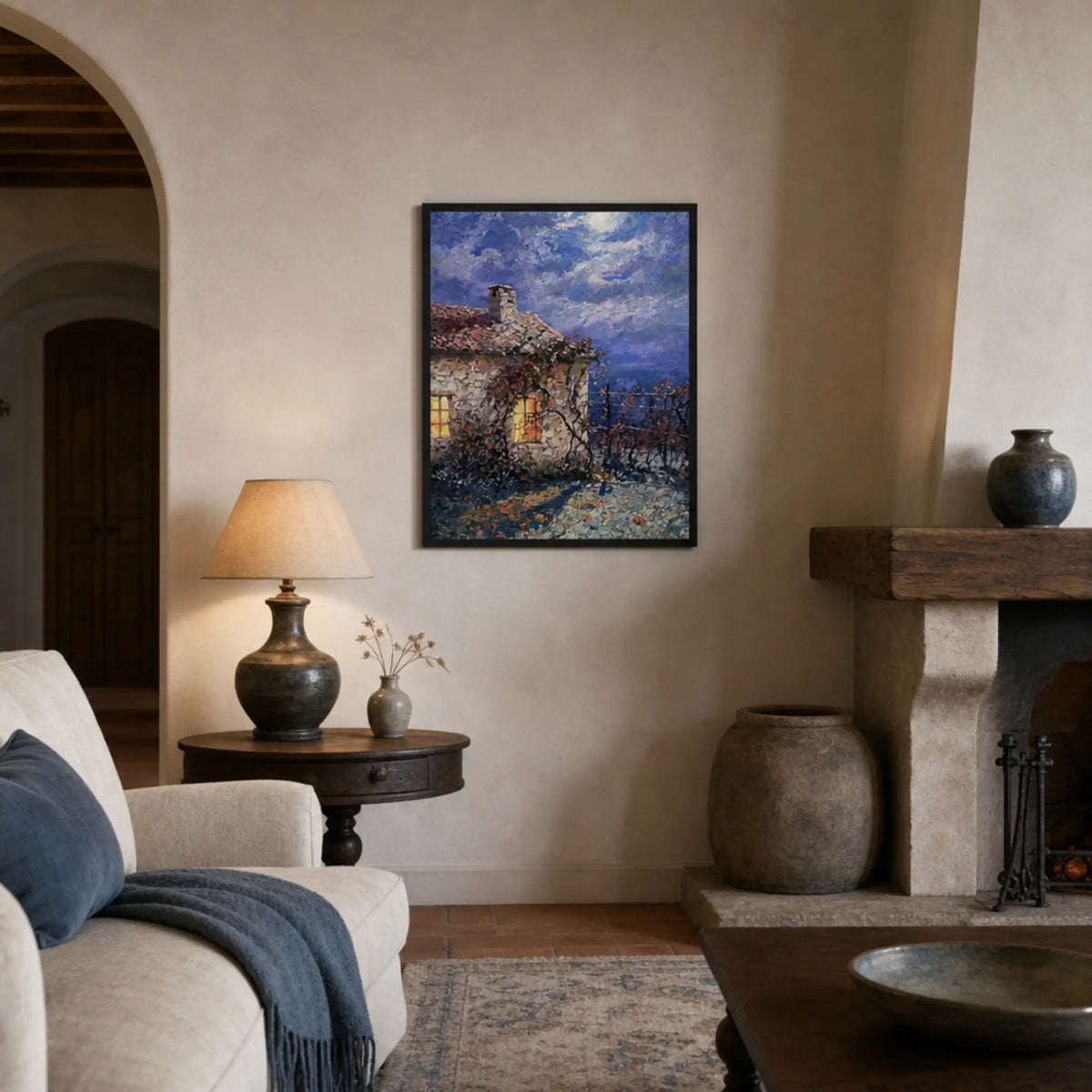 Moonlit Stone Cottage Framed Art Print | Ready to Hang Wall Decor