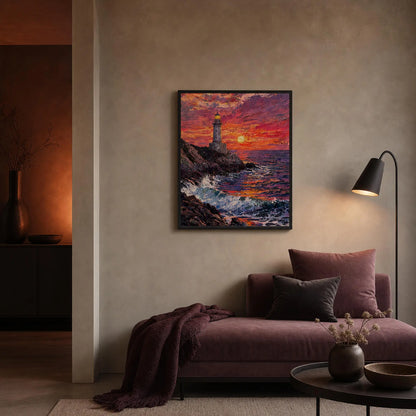 Framed Coastal Lighthouse Art | Sunset Seascape Wall Decor Poster