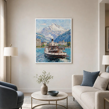 Framed Alpine Steamboat Art | Mountain Lake Wall Decor Poster