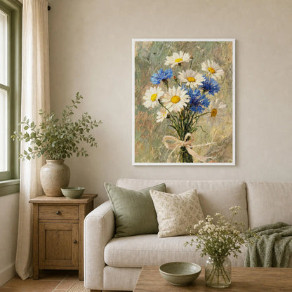Impressionist Daisy and Cornflower Bouquet Framed Art Print