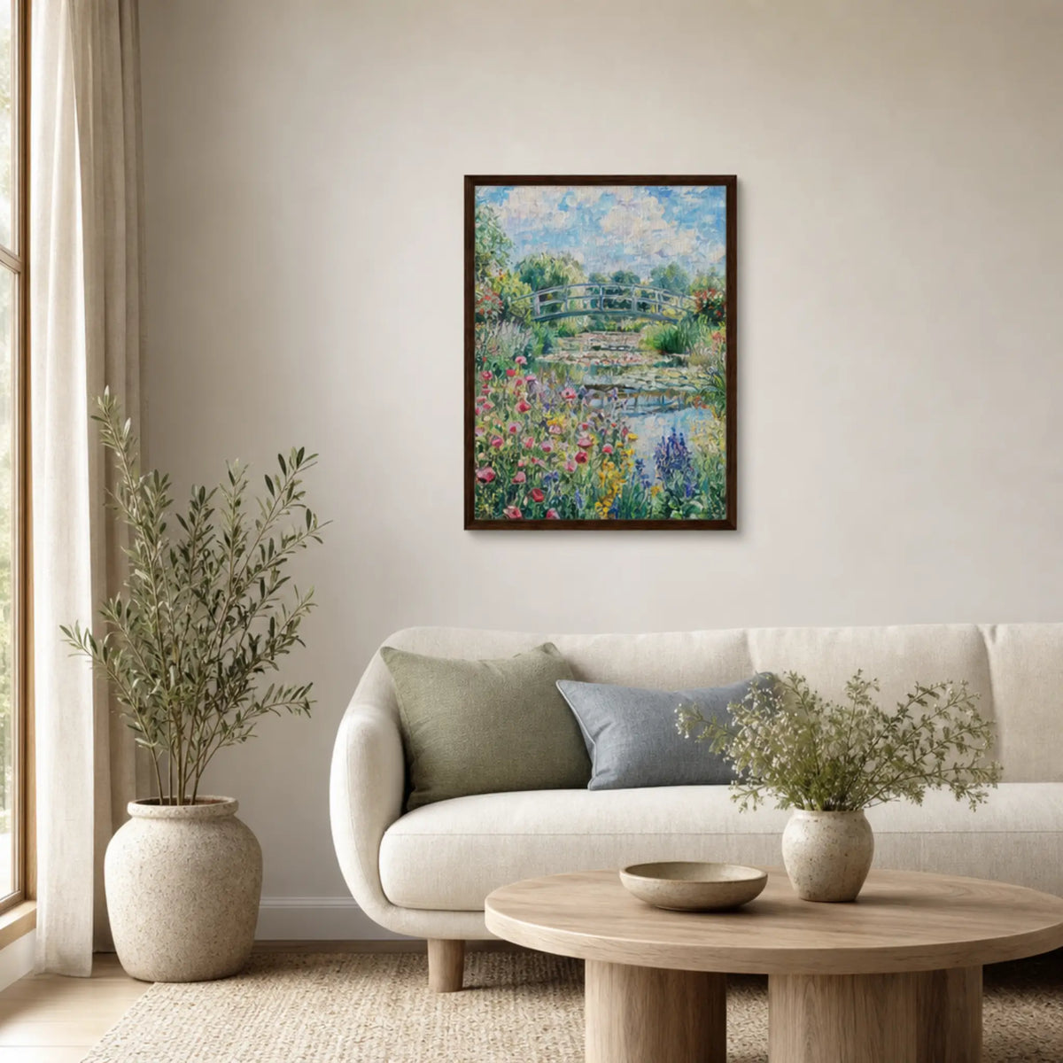 Sunny Japanese Bridge and Flower Garden Framed Canvas | Vintstep