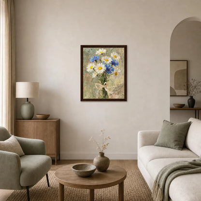 Impressionist Daisy and Cornflower Bouquet Framed Canvas Wall Art