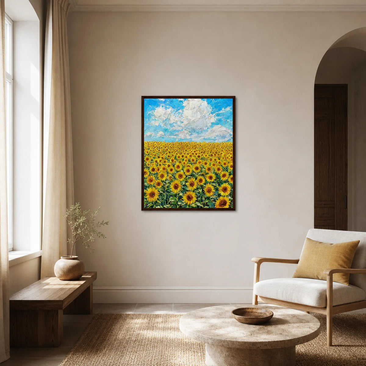 Framed Sunny Meadow Landscape Art Print | Ready-to-Hang Yellow Flower Wall Decor