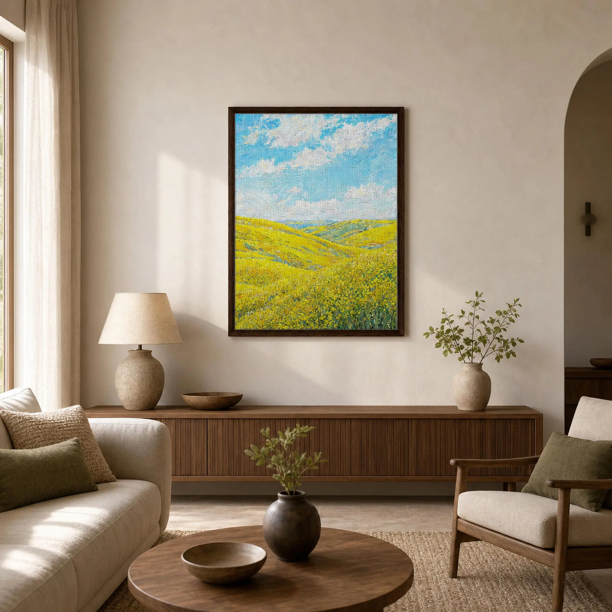 Framed Canvas Art: Vibrant Sunny Meadow | Modern Textured Landscape Print