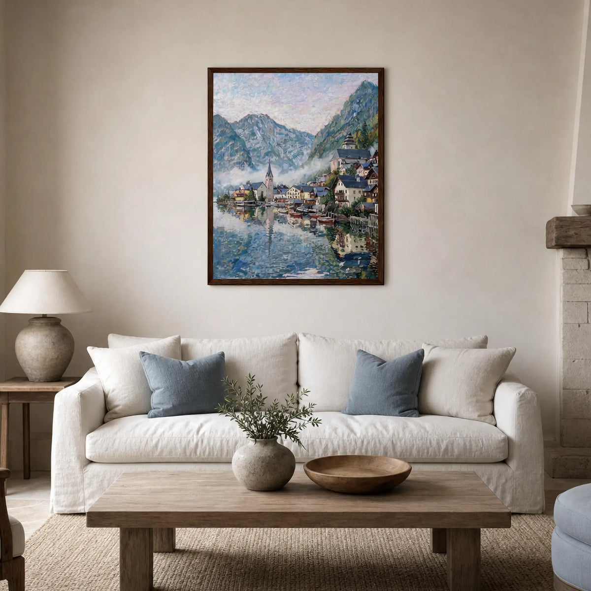 Framed Alpine Village Wall Art | Mountain Lakeside Decor