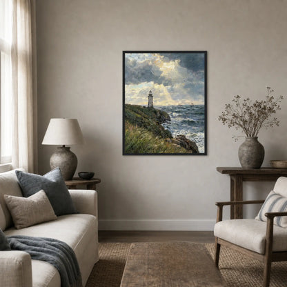 Framed Lighthouse Seascape Art | Moody Maritime Wall Decor
