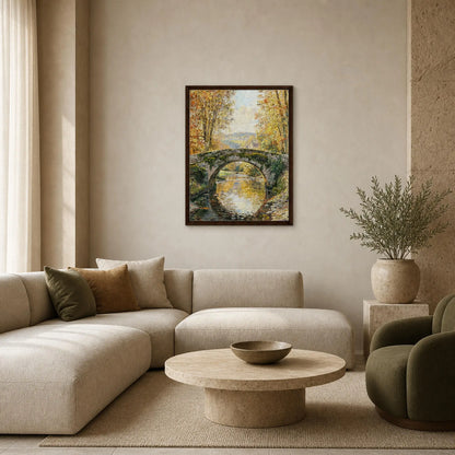 Stone Bridge Autumn Stream Framed Canvas Wall Art | Gallery Style Decor