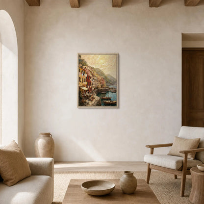Framed Coastal Harbor Village Canvas | Seaside Wall Art Decor