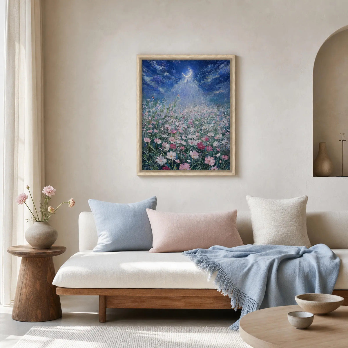 Moonlit Wild Cosmos Field Impressionist Art Print