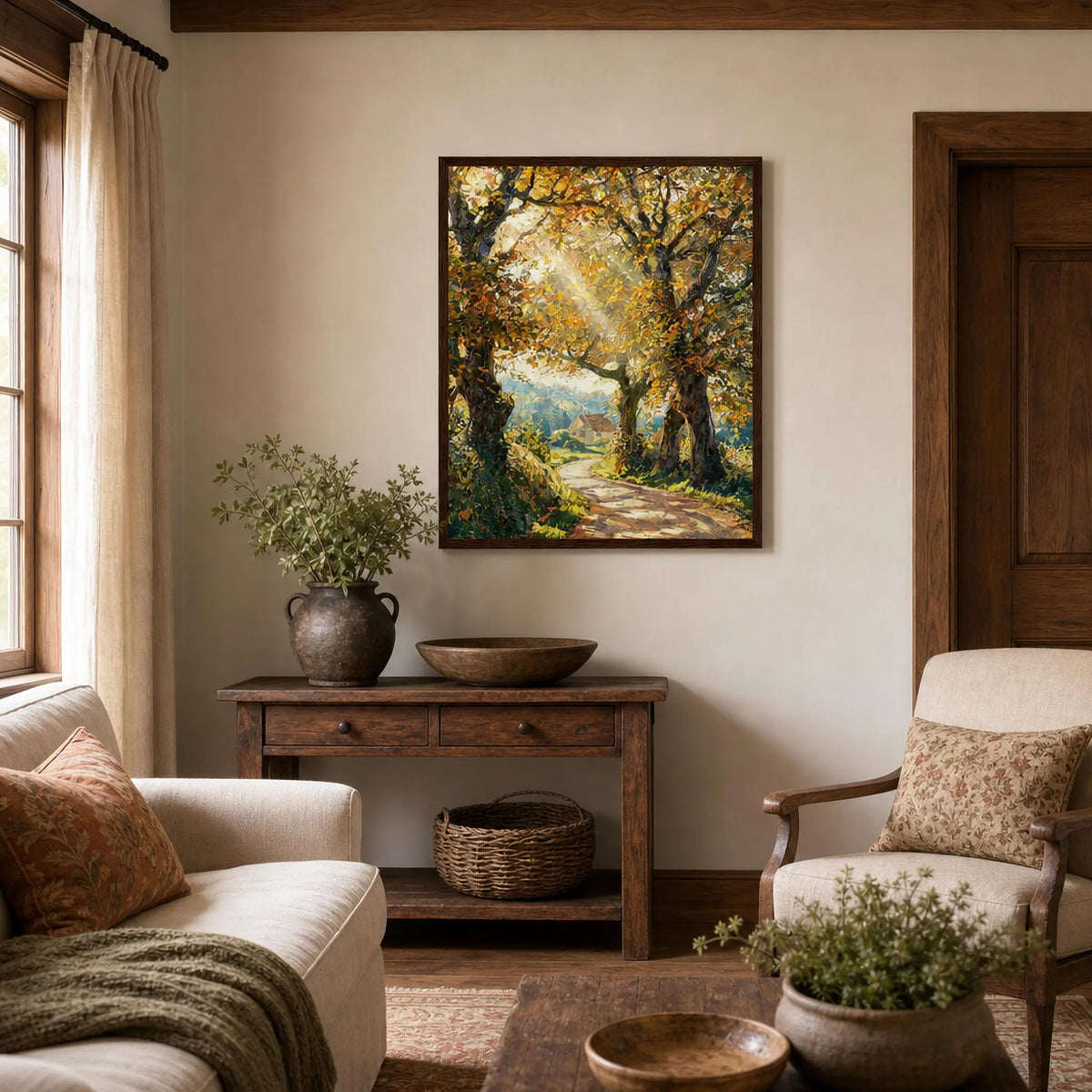 Sunlit Autumn Path Framed Art Print | Ready to Hang Wall Decor