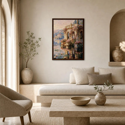 Framed Lakeside Terrace Canvas | Romantic Villa Wall Art Decor