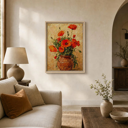 Impressionist Red Poppy Potted Plant Framed Canvas Wall Art