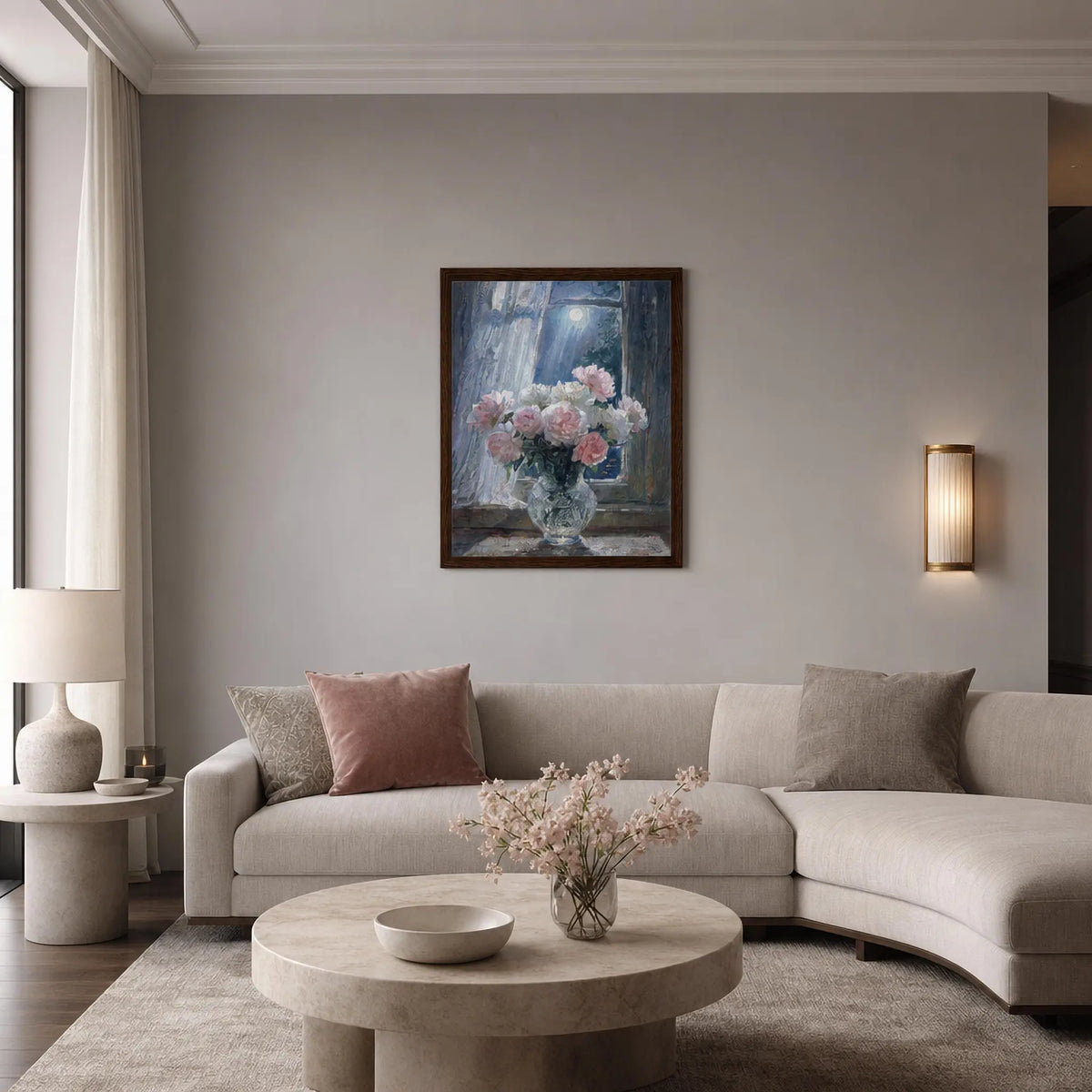 Moonlit Peony Window Framed Canvas Wall Art