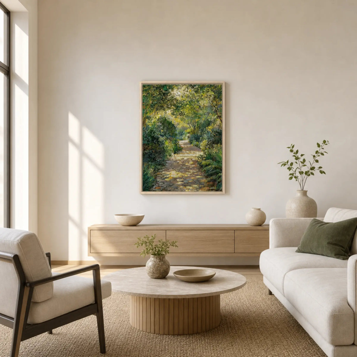 Sunlit Garden Pathway Framed Canvas | Vintstep