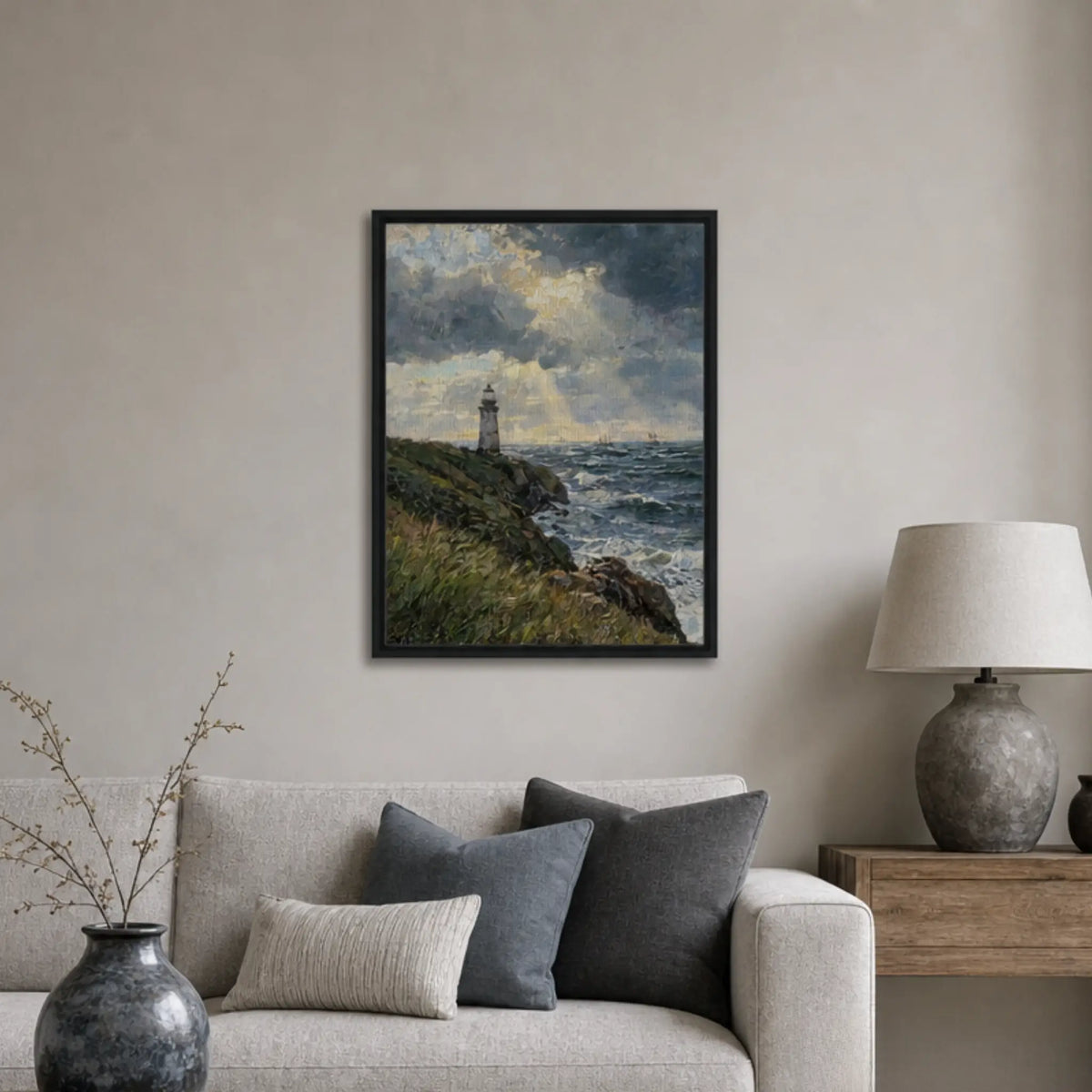 Framed Lighthouse Seascape Canvas | Atmospheric Maritime Decor