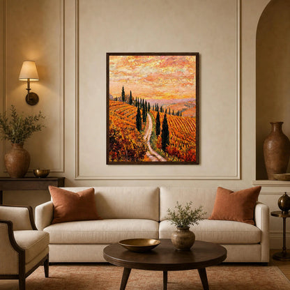 Golden Vineyard Path Framed Art Print | Ready to Hang Wall Decor
