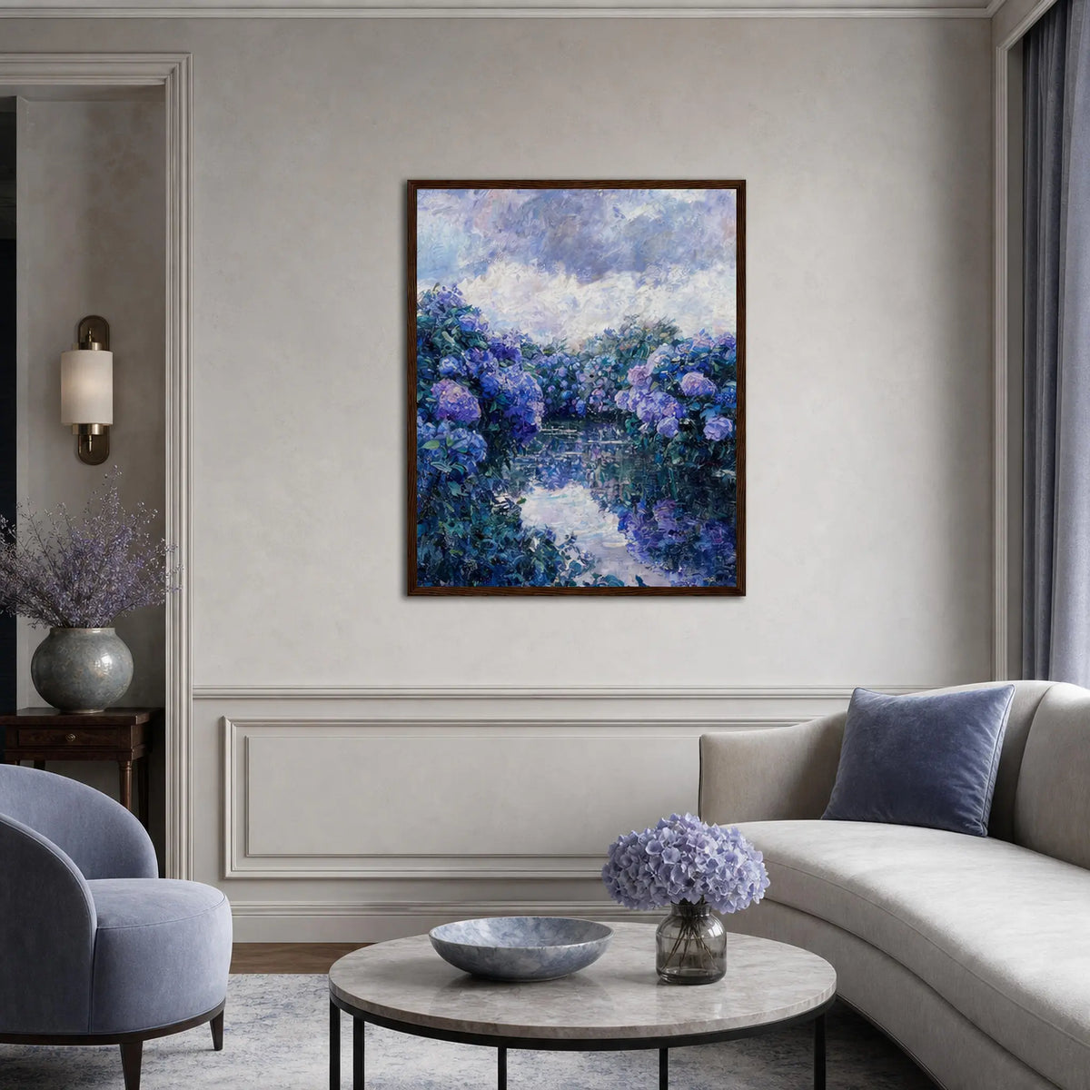 Framed Hydrangea River Landscape Art Print | Ready-to-Hang Botanical Decor