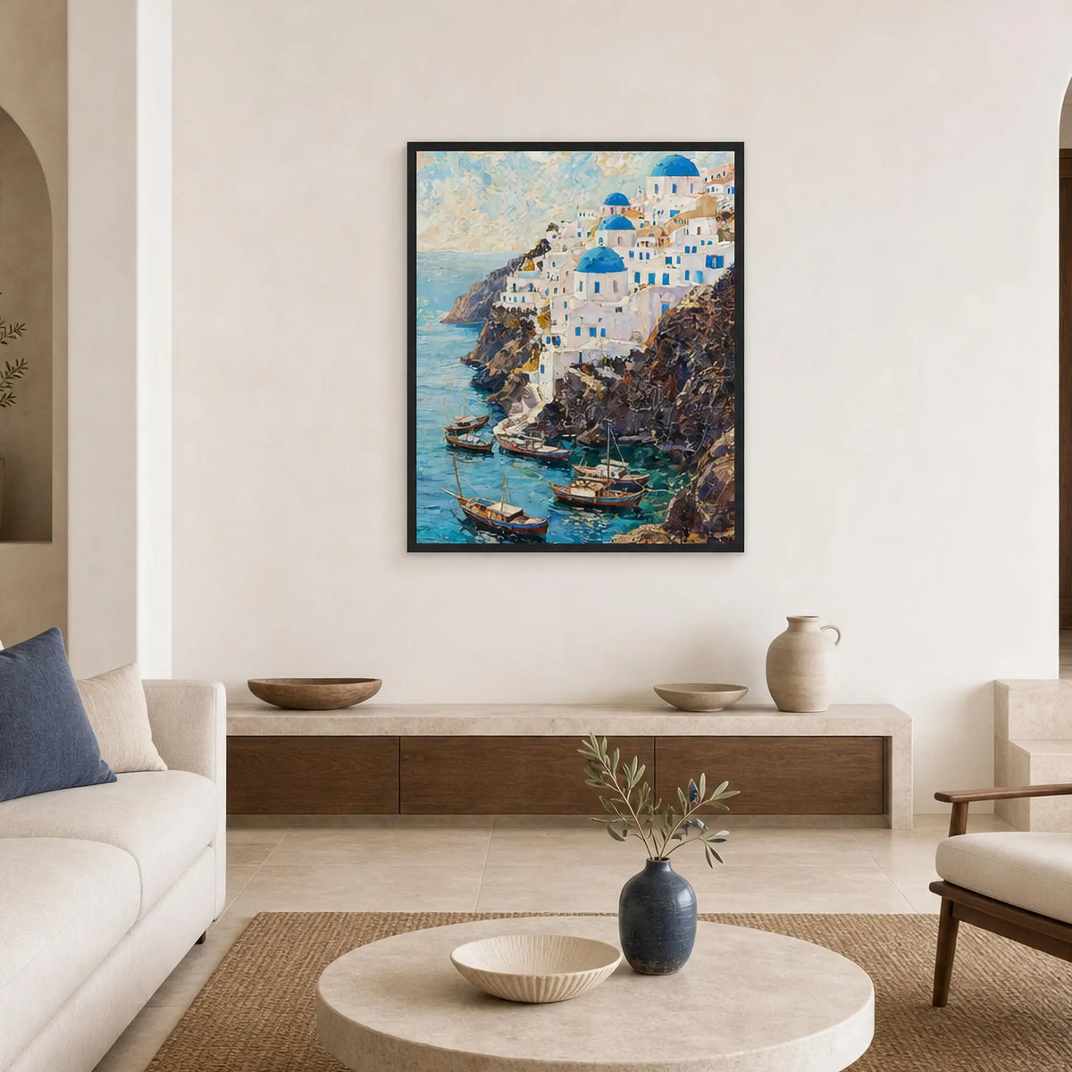 Framed Greek Island Cliff Art | Aegean Village Wall Decor Poster