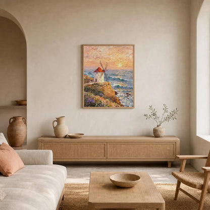 Framed Coastal Windmill Art | Seaside Sunset Wall Decor Poster