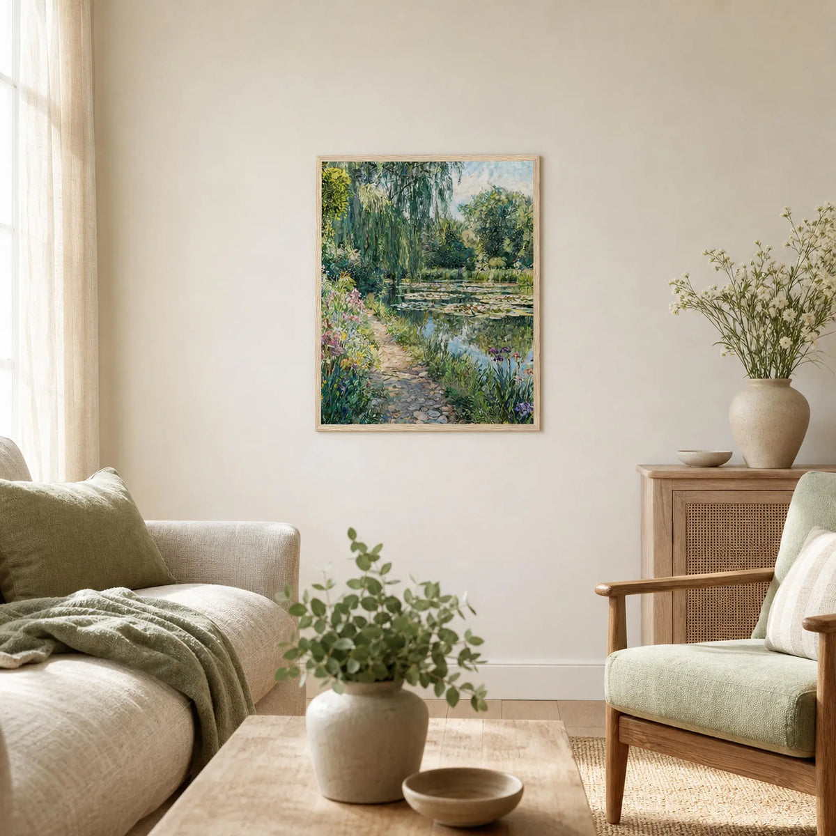 Cobblestone Path by Water Lily Pond Wooden Framed Poster | Vintstep