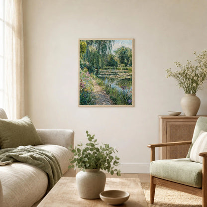 Cobblestone Path by Water Lily Pond Wooden Framed Poster | Vintstep