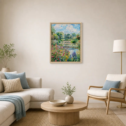 Sunny Japanese Bridge and Flower Garden Framed Canvas | Vintstep