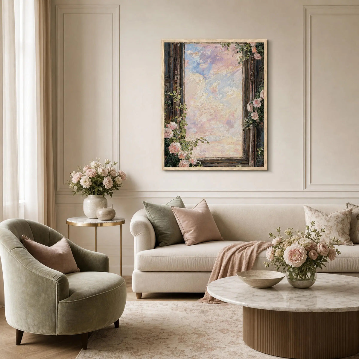 Framed Pastel Sky and Rose Window Art Print | Ready-to-Hang Floral Wall Decor