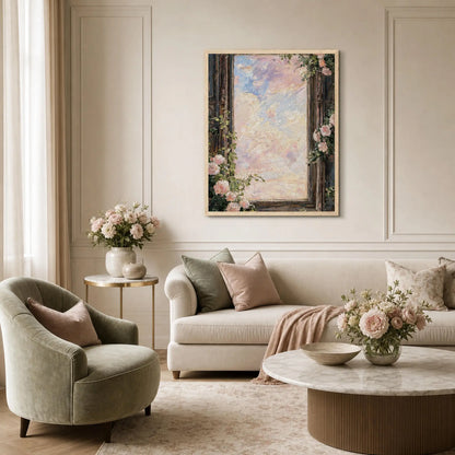 Framed Pastel Sky and Rose Window Art Print | Ready-to-Hang Floral Wall Decor