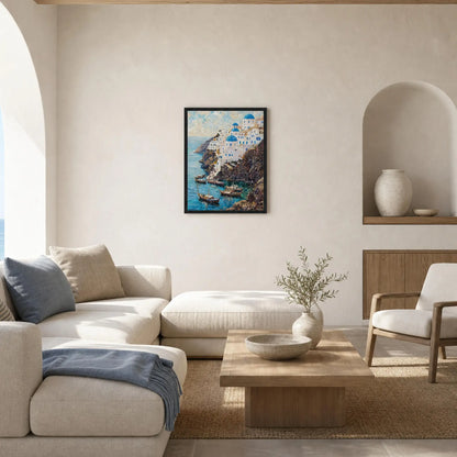 Framed Greek Island Cliff Canvas | Aegean Village Wall Art Decor