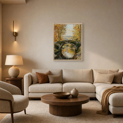 Stone Bridge Autumn Stream Framed Canvas Wall Art | Gallery Style Decor