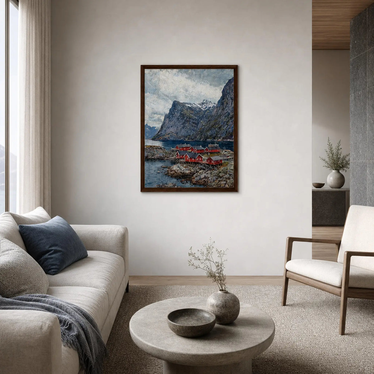Framed Nordic Fjord Village Canvas | Scandinavian Wilderness Decor