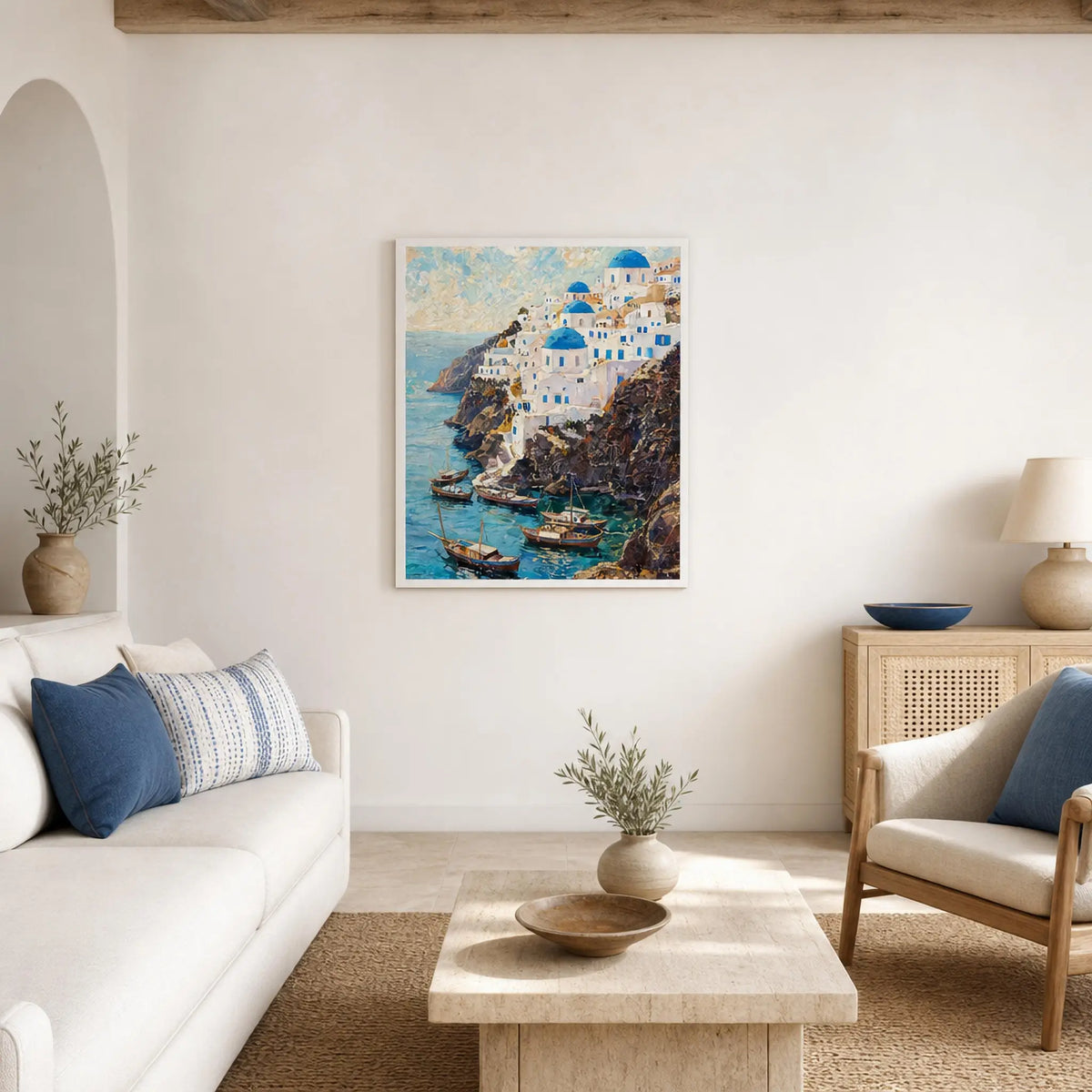 Framed Greek Island Cliff Art | Aegean Village Wall Decor Poster