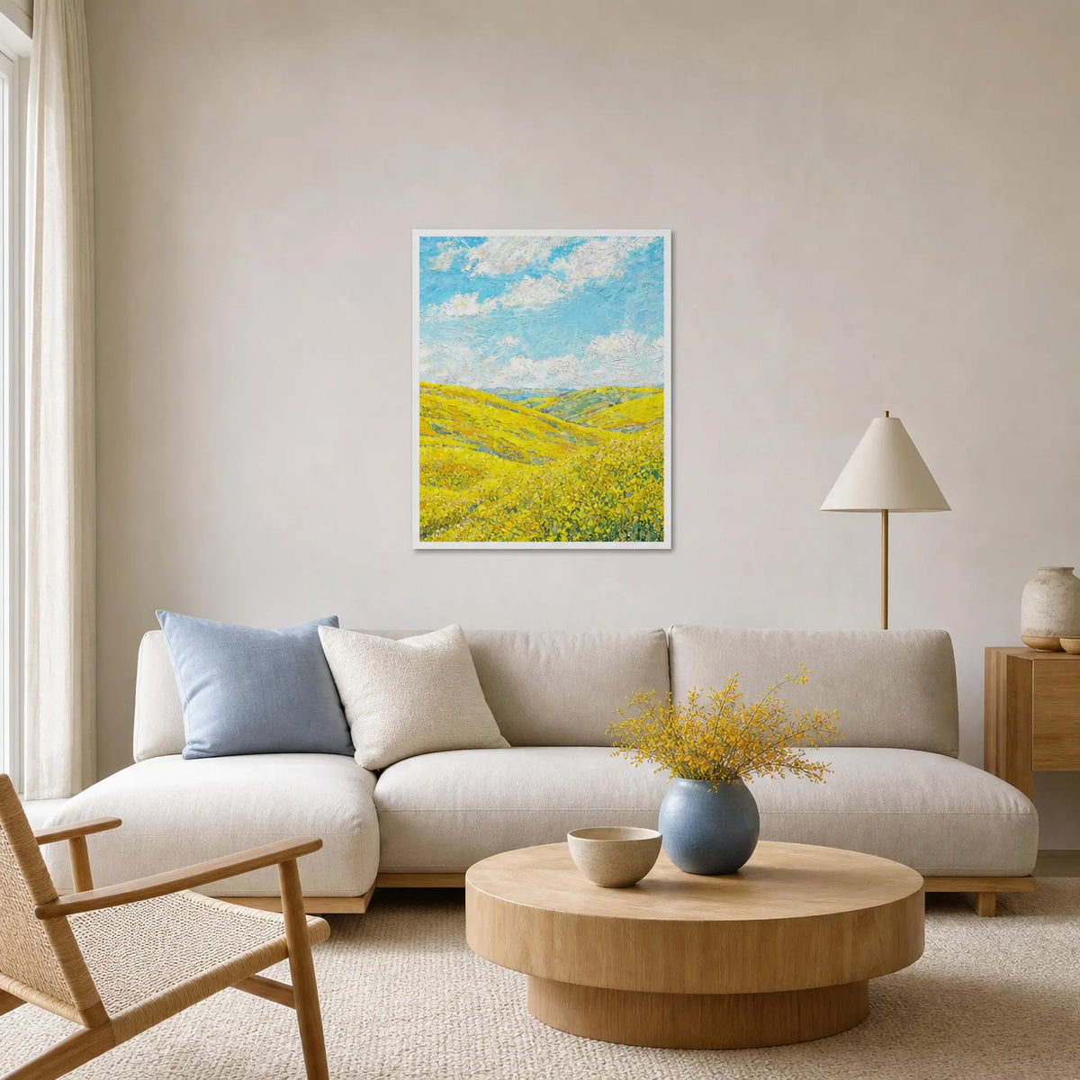 Framed Sunny Meadow Landscape Art Print | Ready-to-Hang Yellow Flower Wall Decor