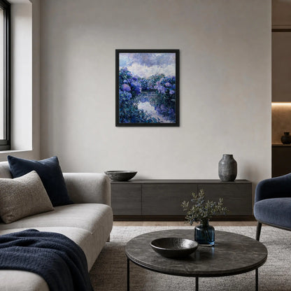 Framed Canvas Art: Blooming Blue Hydrangeas | Modern Riverbank Print