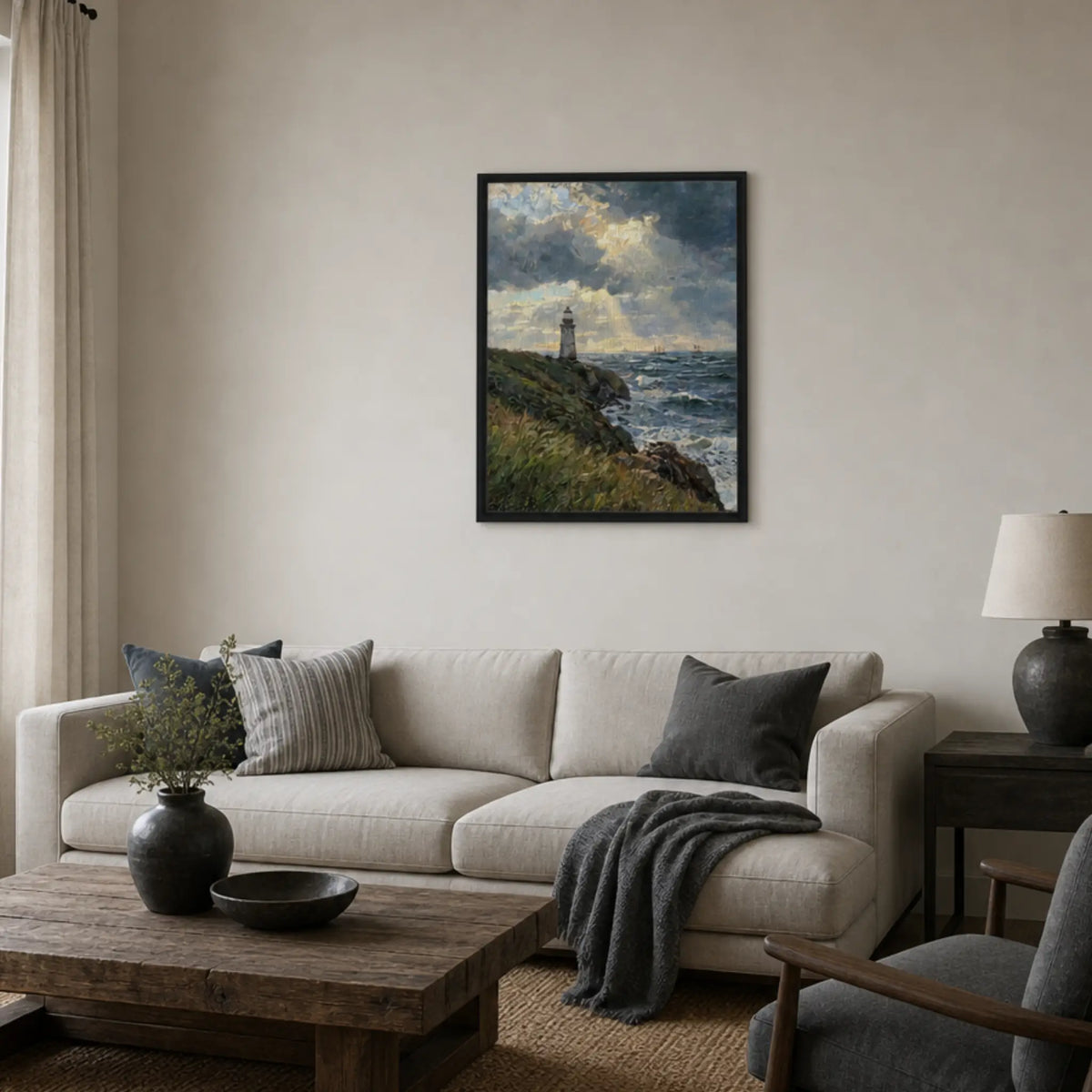 Framed Lighthouse Seascape Canvas | Atmospheric Maritime Decor