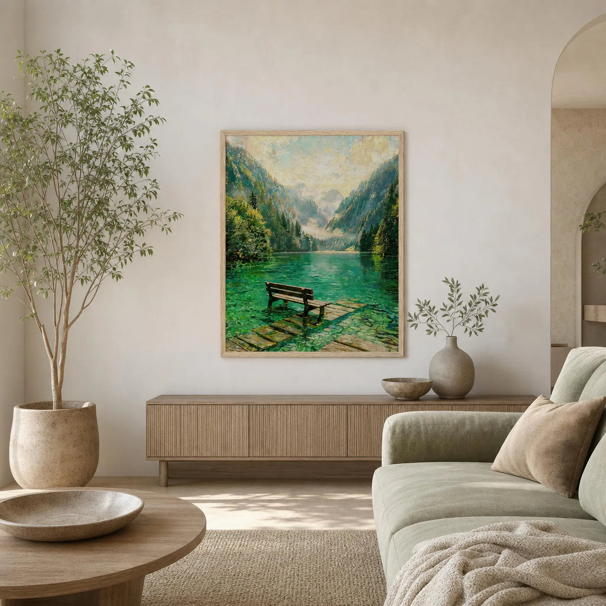Framed Alpine Lake Bench Art | Serene Mountain Wall Decor Poster